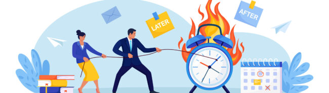 Two colleagues pull rope to hold back burning alarm clock as deadline nears